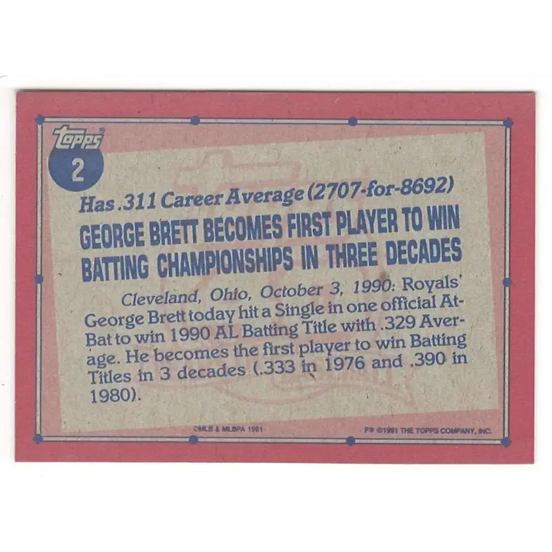1991 Topps #2 George Brett NM-MT Kansas City Royals Baseball Card - Baseball Card Single