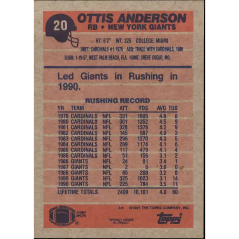 1991 Topps #20 Ottis Anderson NM-MT New York Giants Football Card - Football Card Single
