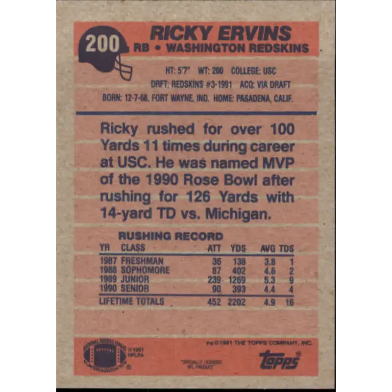 1991 Topps #200 Ricky Ervins NM-MT RC Rookie Washington Redskins Football Card - Football Card Single
