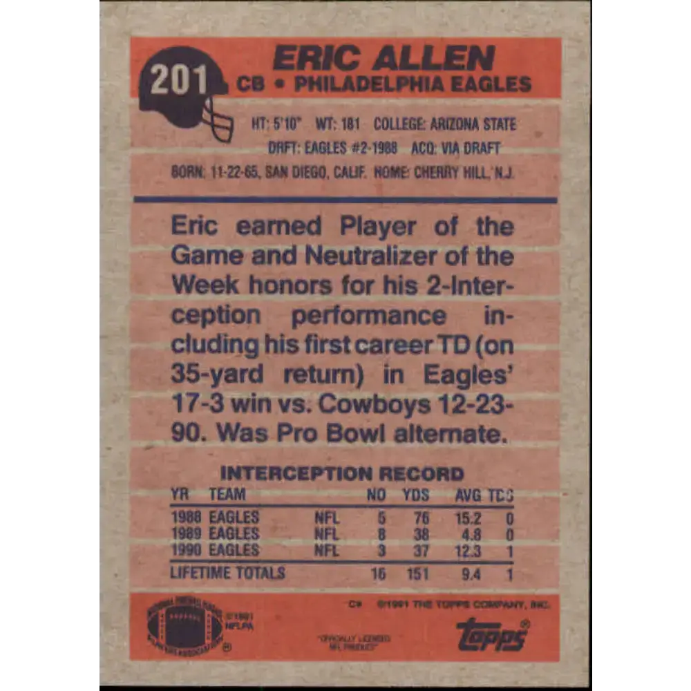 1991 Topps #201 Eric Allen NM-MT Philadelphia Eagles Football Card - Football Card Single