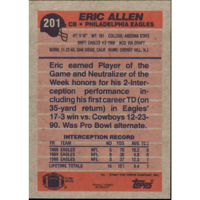 1991 Topps #201 Eric Allen NM-MT Philadelphia Eagles Football Card - Football Card Single