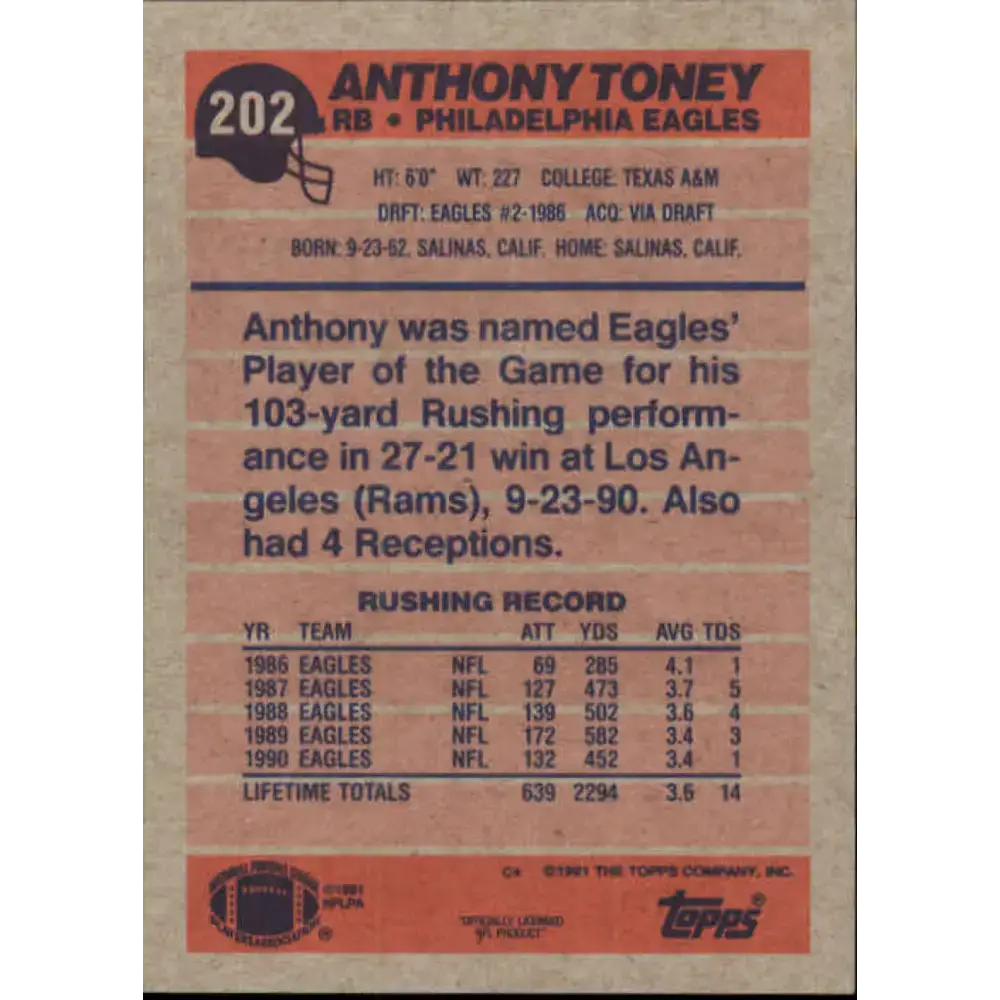 1991 Topps #202 Anthony Toney NM-MT Philadelphia Eagles Football Card - Football Card Single