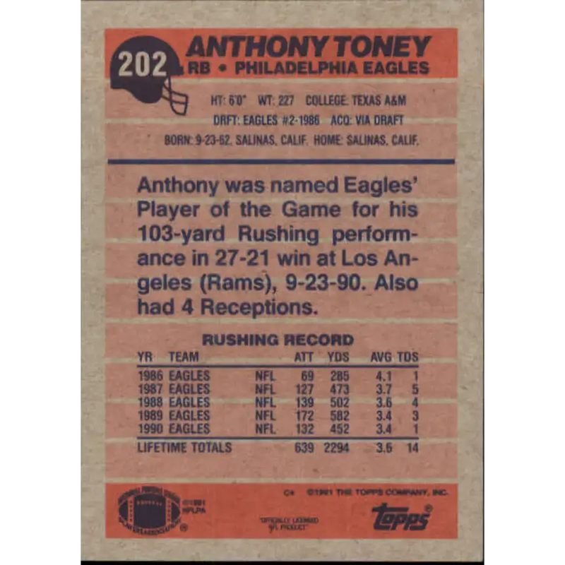 1991 Topps #202 Anthony Toney NM-MT Philadelphia Eagles Football Card - Football Card Single