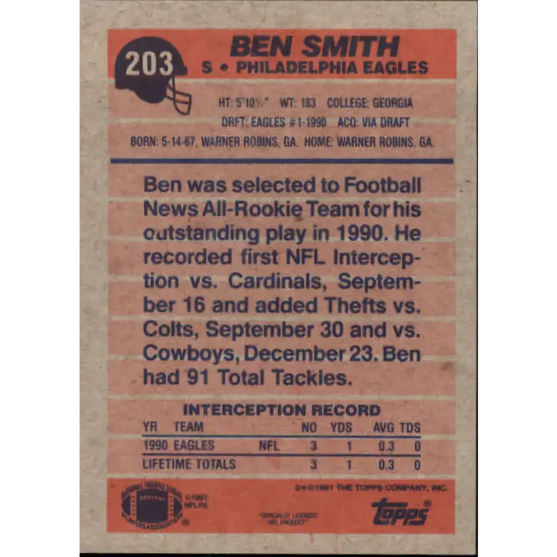 1991 Topps #203 Ben Smith NM-MT RC Rookie Philadelphia Eagles Football Card - Football Card Single
