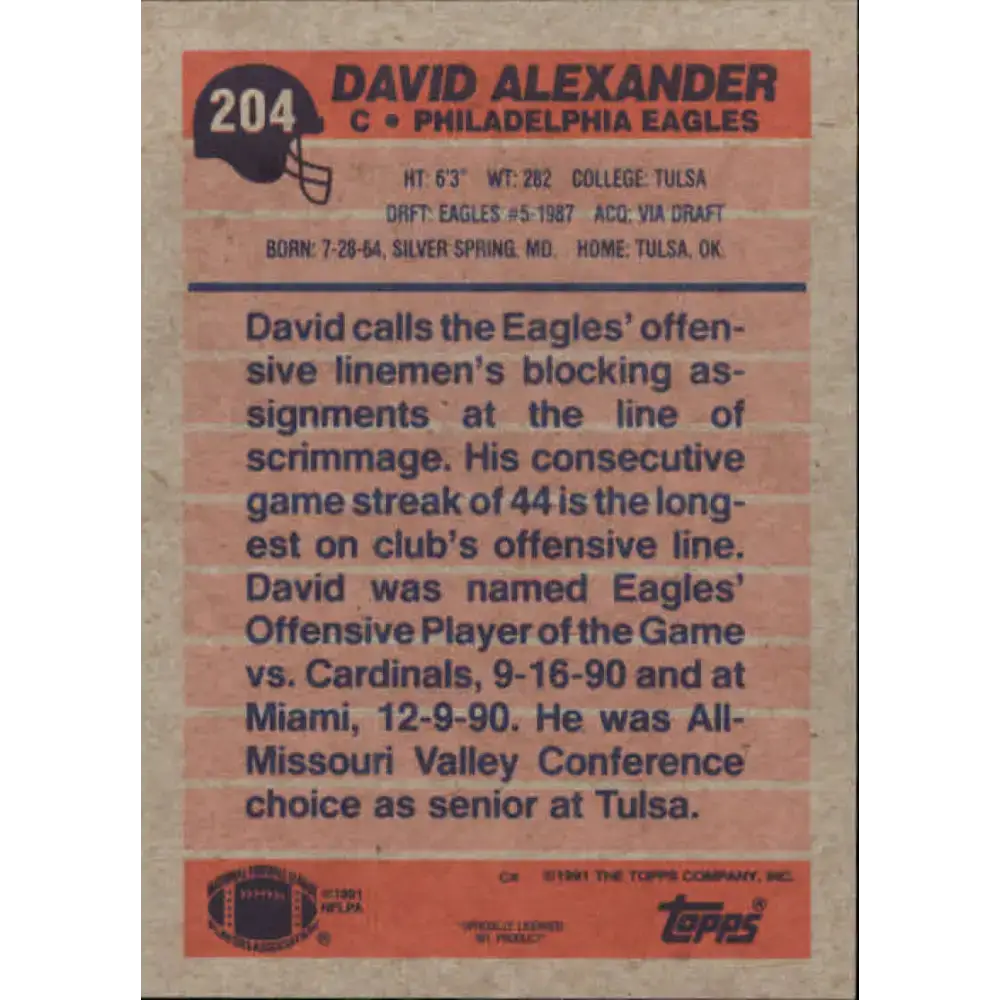 1991 Topps #204 David Alexander NM-MT Philadelphia Eagles Football Card - Football Card Single