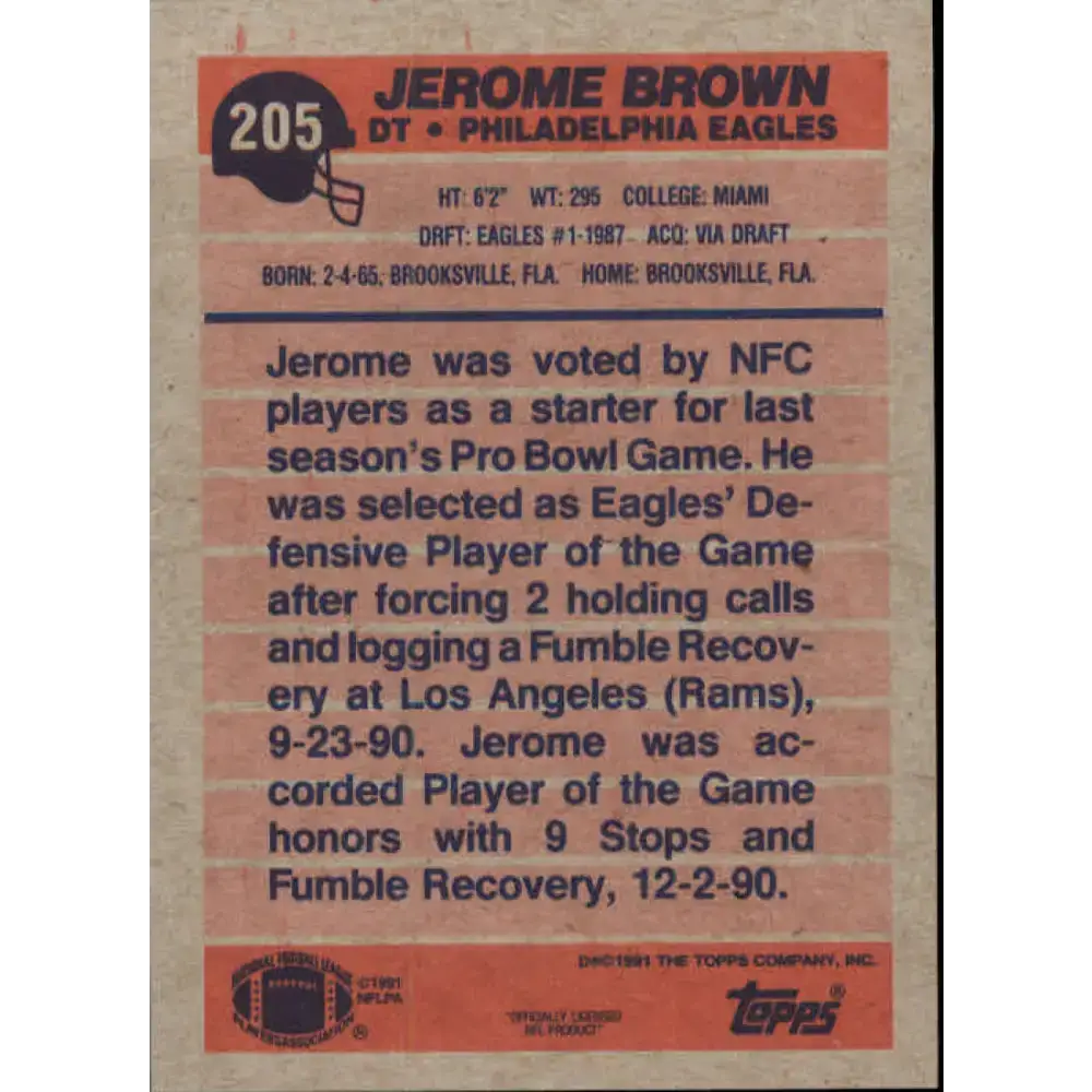 1991 Topps #205 Jerome Brown NM-MT Philadelphia Eagles Football Card - Football Card Single