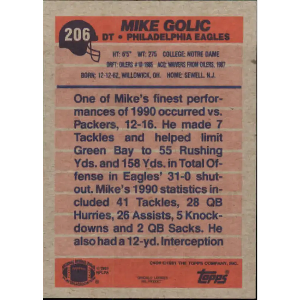 1991 Topps #206 Mike Golic NM-MT Philadelphia Eagles Football Card - Football Card Single