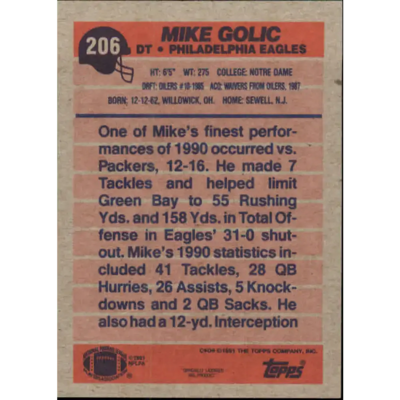 1991 Topps #206 Mike Golic NM-MT Philadelphia Eagles Football Card - Football Card Single