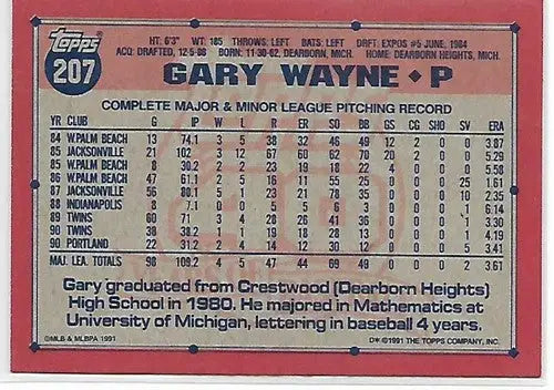1991 Topps #207 Gary Wayne NM-MT Twins - Baseball Card Single