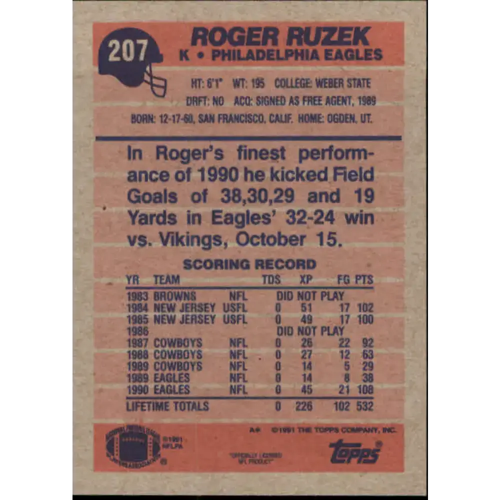 1991 Topps #207 Roger Ruzek NM-MT Philadelphia Eagles Football Card - Football Card Single