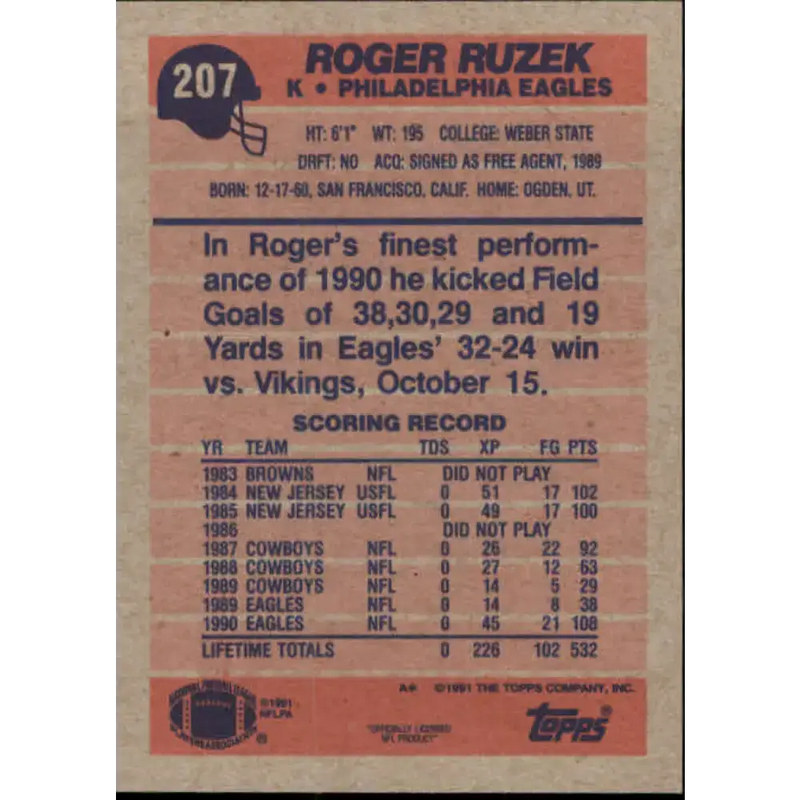 1991 Topps #207 Roger Ruzek NM-MT Philadelphia Eagles Football Card - Football Card Single