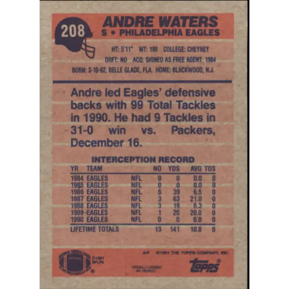 1991 Topps #208 Andre Waters NM-MT Philadelphia Eagles Football Card