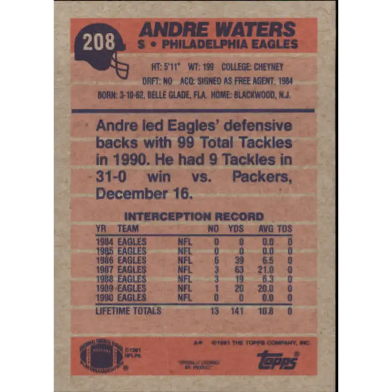 1991 Topps #208 Andre Waters NM-MT Philadelphia Eagles Football Card