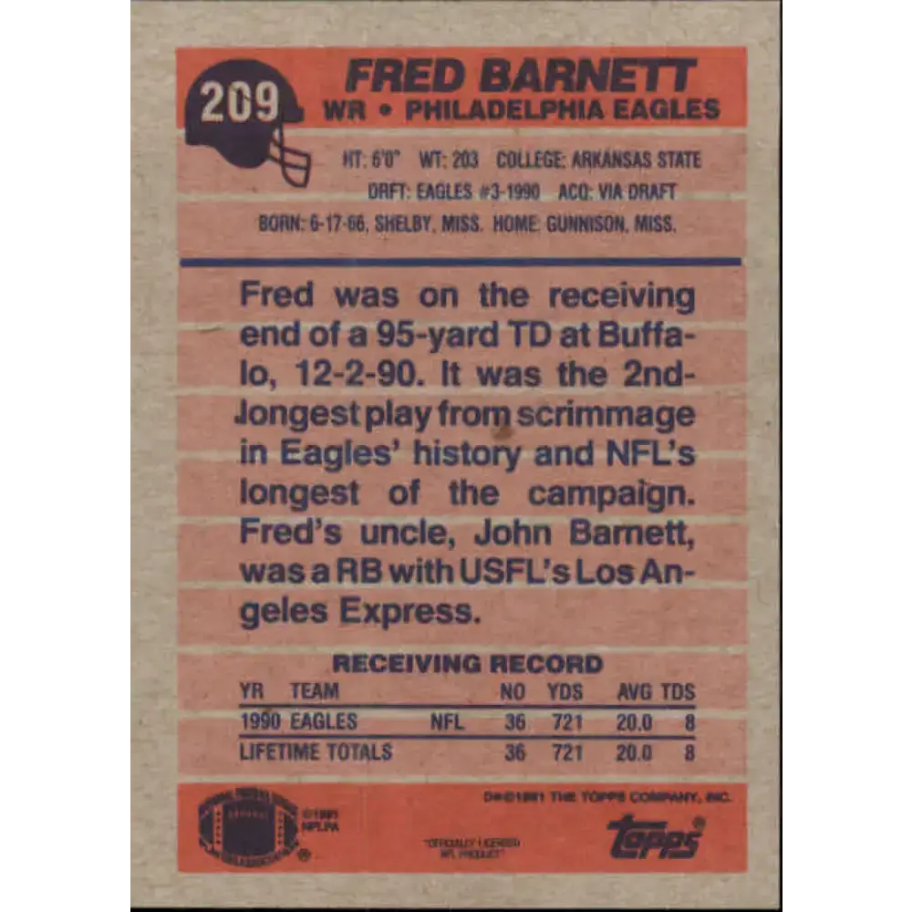 1991 Topps #209 Fred Barnett NM-MT RC Rookie Philadelphia Eagles Football Card - Football Card Single