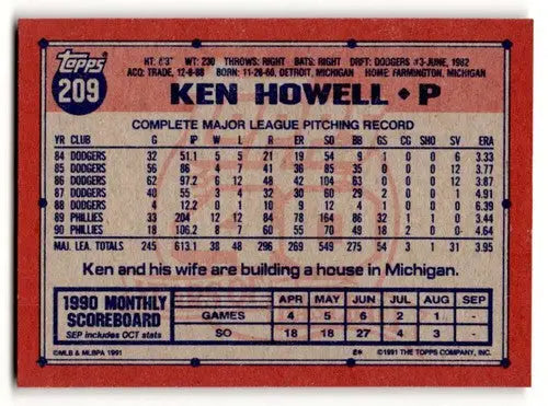 1991 Topps #209 Ken Howell Philadelphia Phillies Baseball Cards ID:53056 - Baseball Card Single