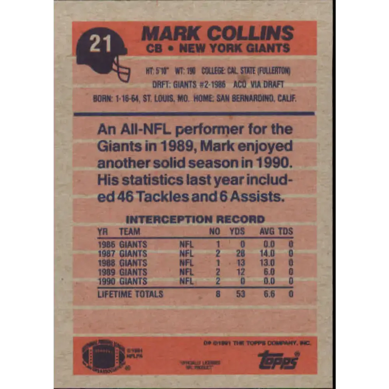 1991 Topps #21 Mark Collins NM-MT New York Giants Football Card - Football Card Single