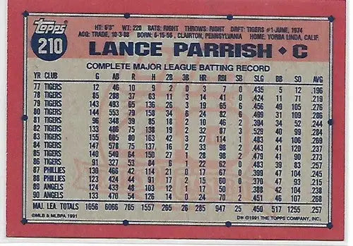 1991 Topps #210 Lance Parrish NM-MT Angels - Baseball Card Single