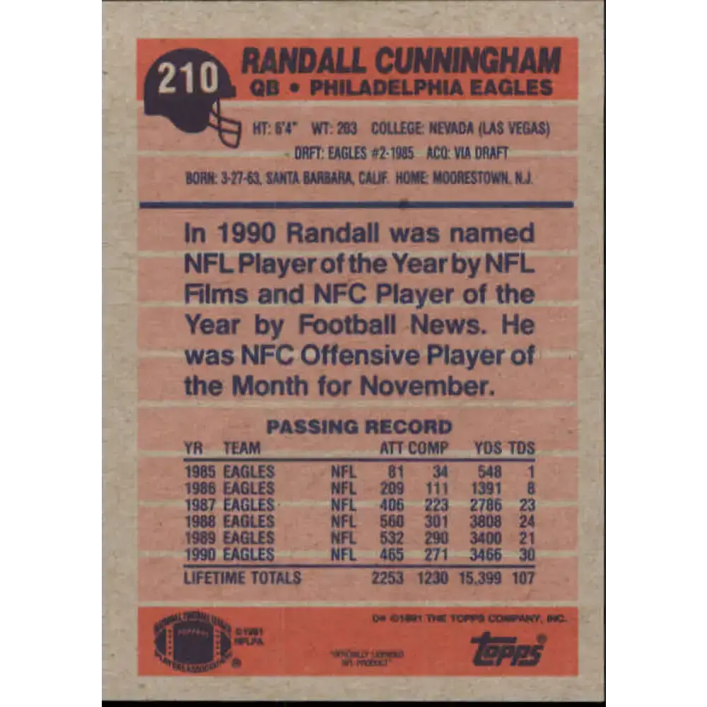 1991 Topps #210 Randall Cunningham NM-MT Philadelphia Eagles Football Card - Football Card Single