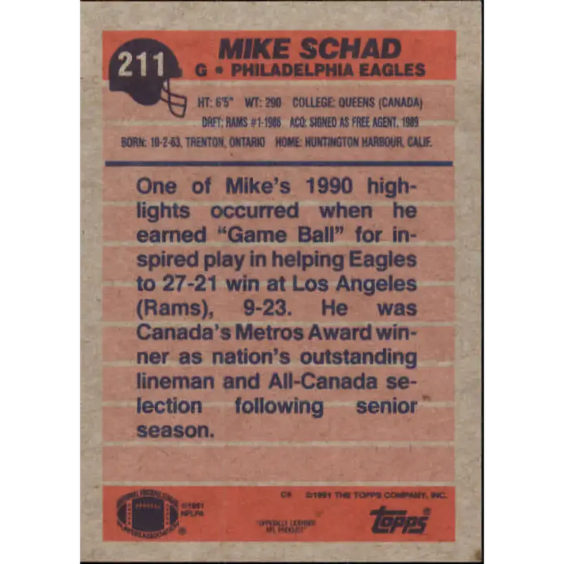 1991 Topps #211 Mike Schad NM-MT Philadelphia Eagles Football Card - Football Card Single