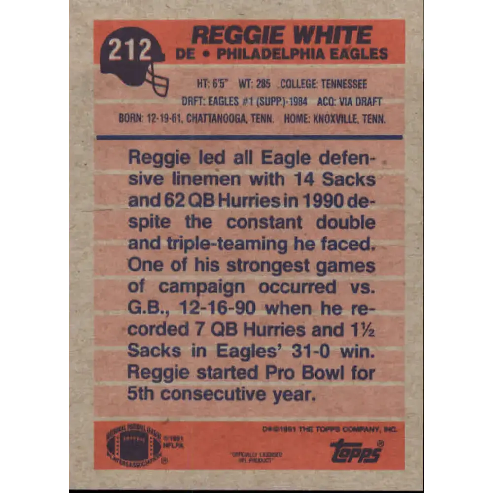 1991 Topps #212 Reggie White NM-MT Philadelphia Eagles Football Card - Football Card Single