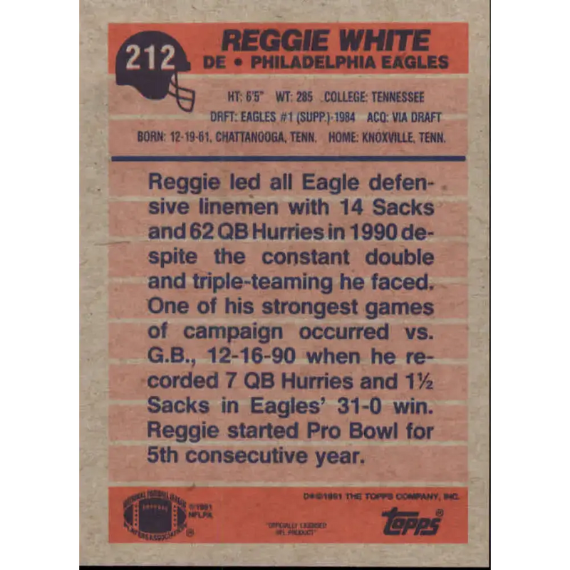 1991 Topps #212 Reggie White NM-MT Philadelphia Eagles Football Card - Football Card Single