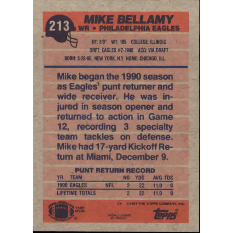 1991 Topps #213 Mike Bellamy NM-MT Philadelphia Eagles Football Card - Football Card Single