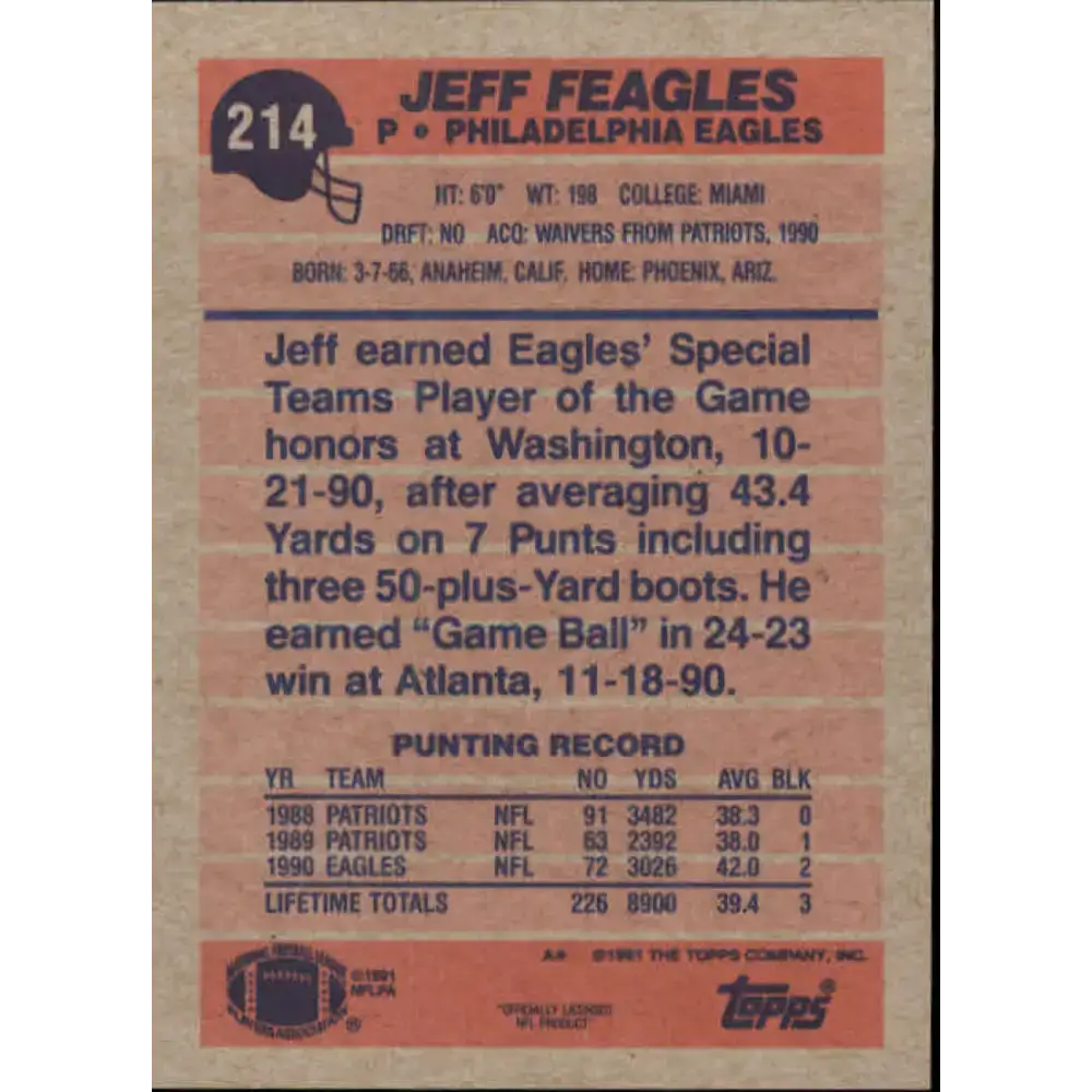 1991 Topps #214 Jeff Feagles NM-MT RC Rookie Philadelphia Eagles Football Card - Football Card Single
