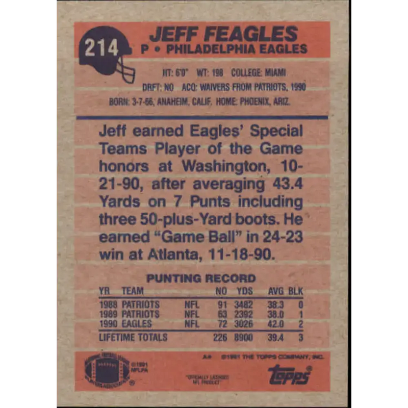 1991 Topps #214 Jeff Feagles NM-MT RC Rookie Philadelphia Eagles Football Card - Football Card Single