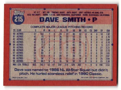 Original gloss Dave Smith Houston Astros baseball card from 1991 Topps #215