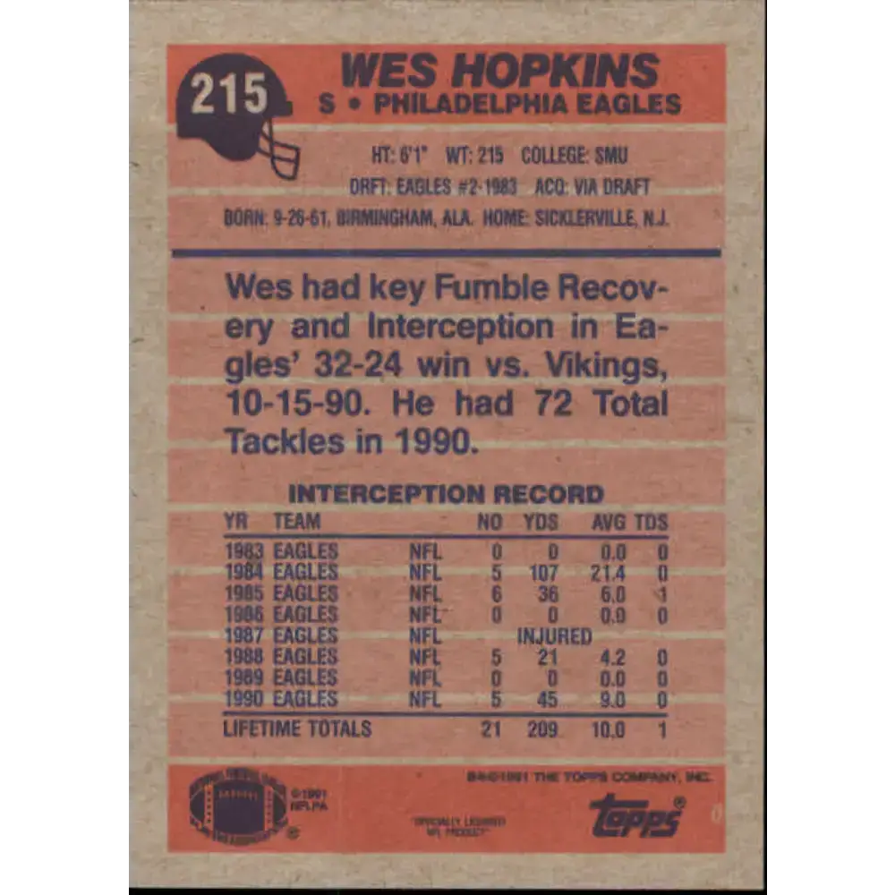 1991 Topps #215 Wes Hopkins NM-MT Philadelphia Eagles Football Card - Football Card Single