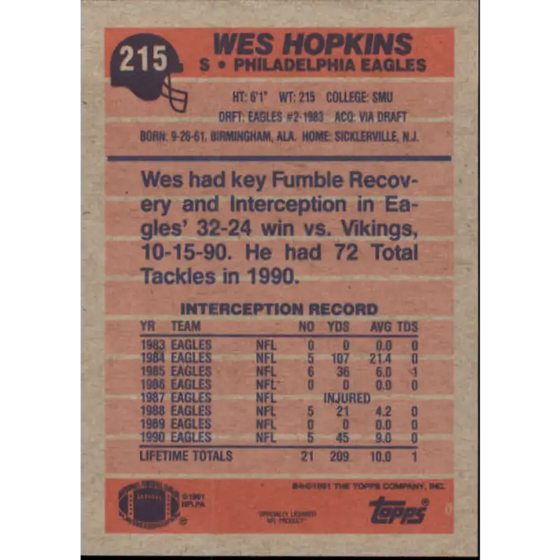 1991 Topps #215 Wes Hopkins NM-MT Philadelphia Eagles Football Card - Football Card Single