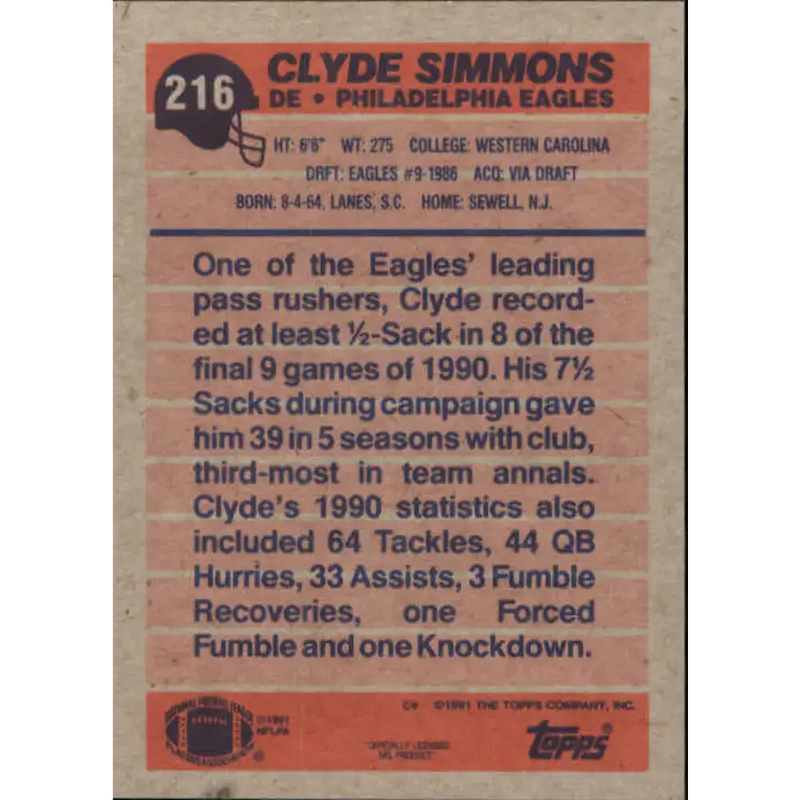 1991 Topps #216 Clyde Simmons NM-MT Philadelphia Eagles Football Card - Football Card Single