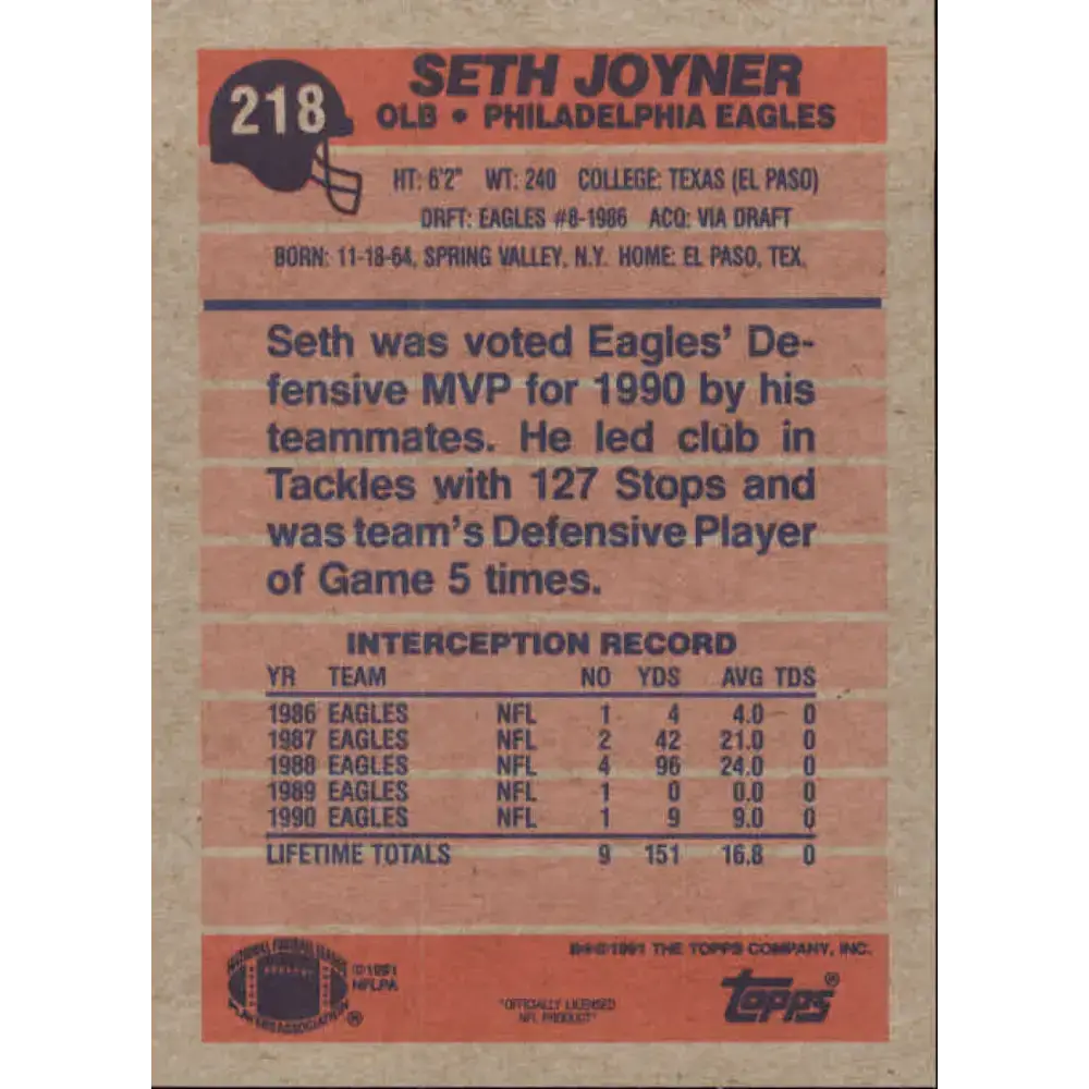 1991 Topps #218 Seth Joyner NM-MT Philadelphia Eagles Football Card - Football Card Single