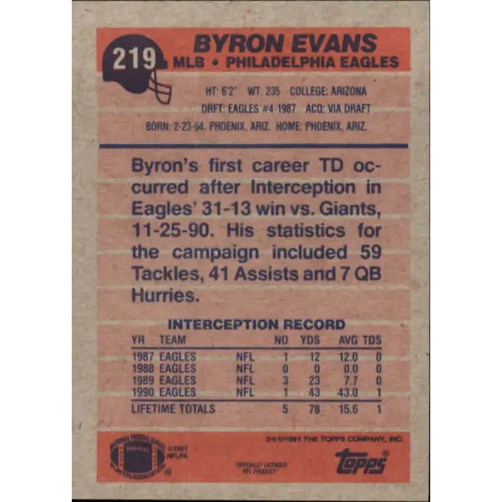 1991 Topps #219 Byron Evans NM-MT Philadelphia Eagles Football Card - Football Card Single