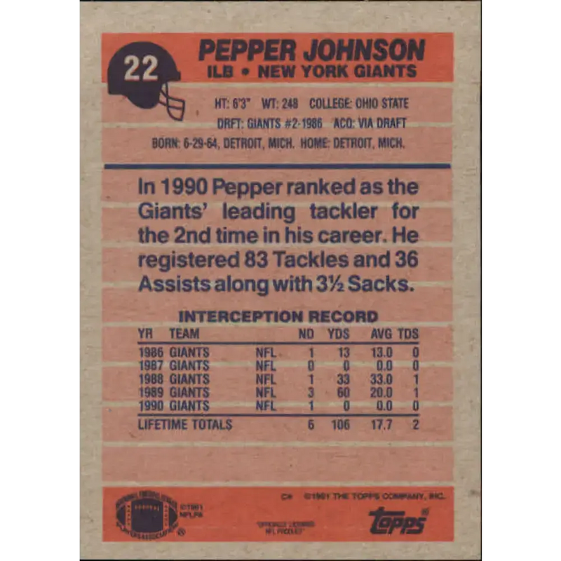 1991 Topps #22 Pepper Johnson NM-MT New York Giants Football Card - Football Card Single