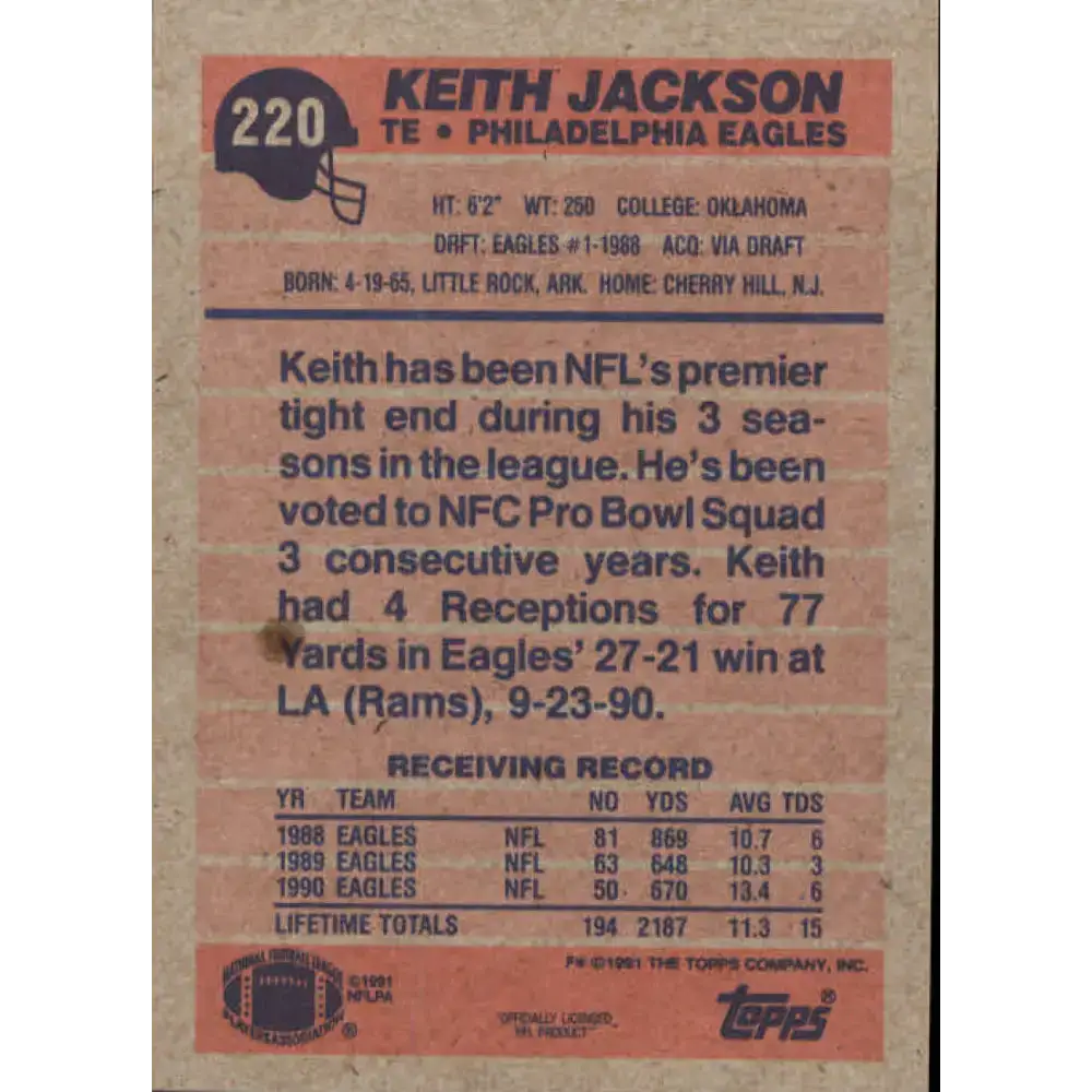 1991 Topps #220 Keith Jackson NM-MT Philadelphia Eagles Football Card - Football Card Single