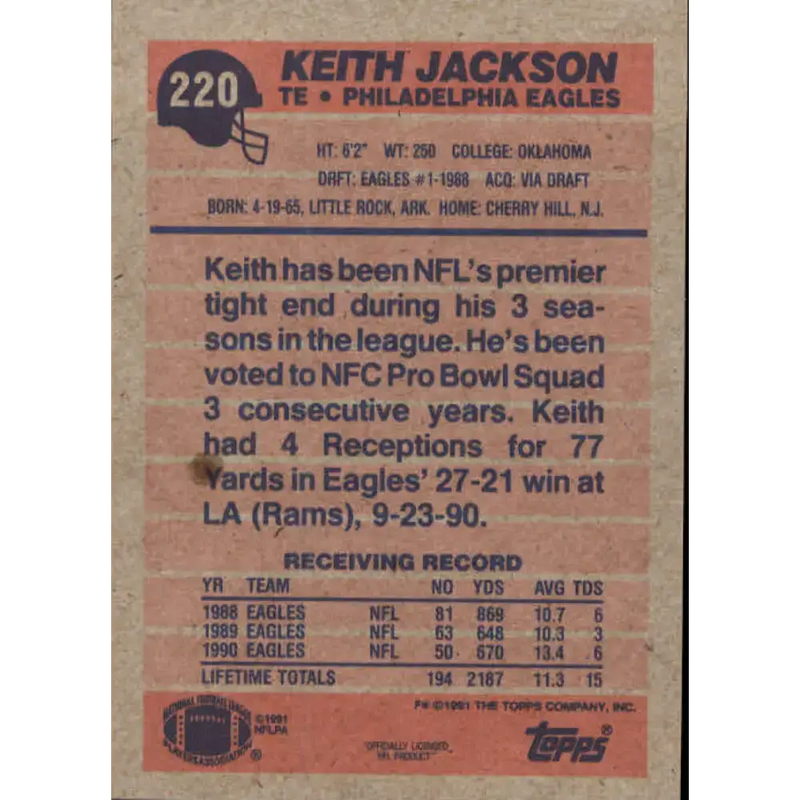 1991 Topps #220 Keith Jackson NM-MT Philadelphia Eagles Football Card - Football Card Single