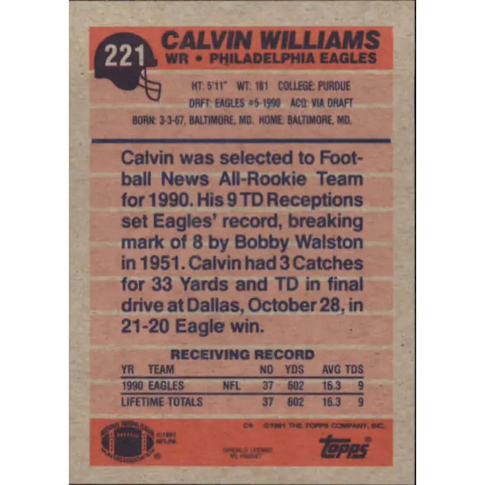 1991 Topps #221 Calvin Williams NM-MT RC Rookie Philadelphia Eagles Football Card - Football Card Single