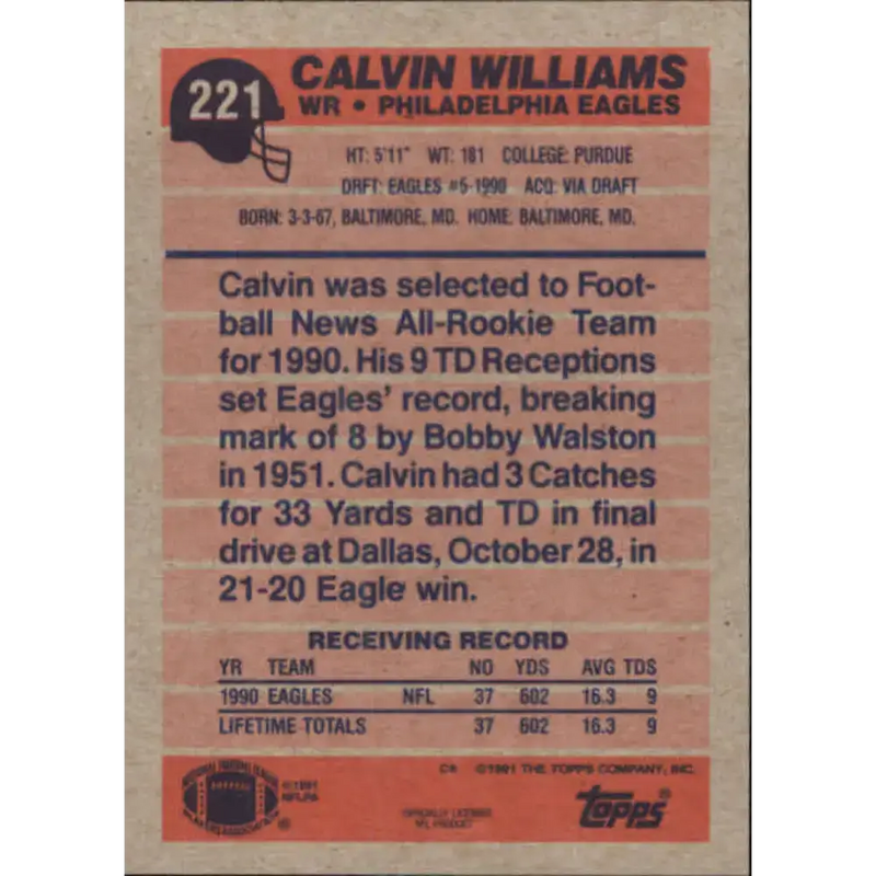 1991 Topps #221 Calvin Williams NM-MT RC Rookie Philadelphia Eagles Football Card - Football Card Single