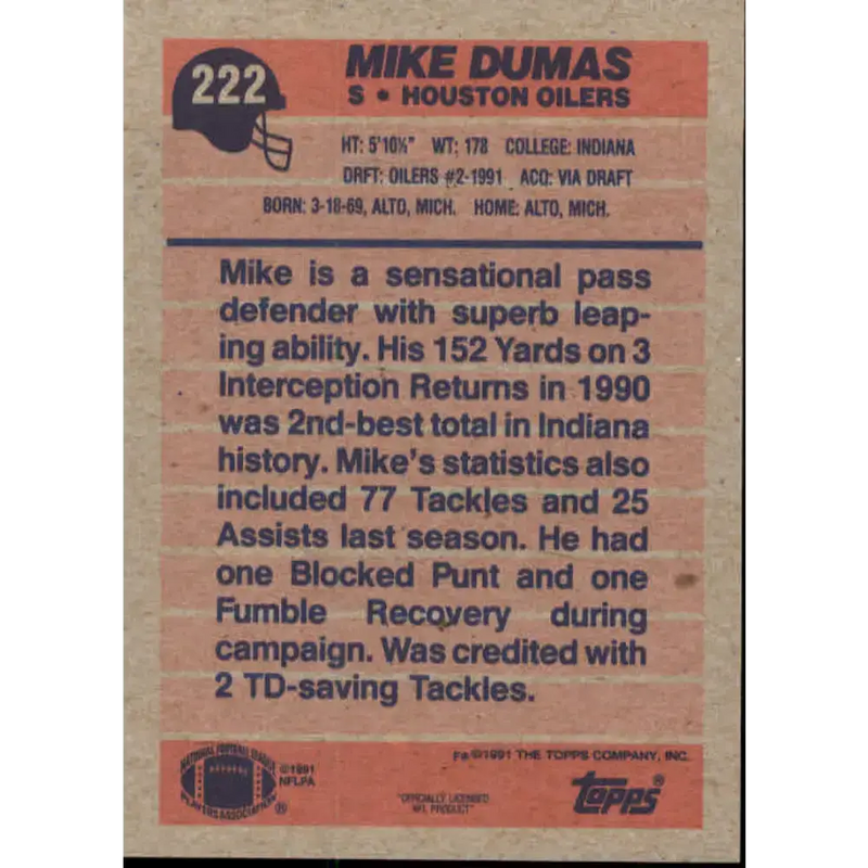 1991 Topps #222 Mike Dumas NM-MT RC Rookie Houston Oilers Football Card - Football Card Single