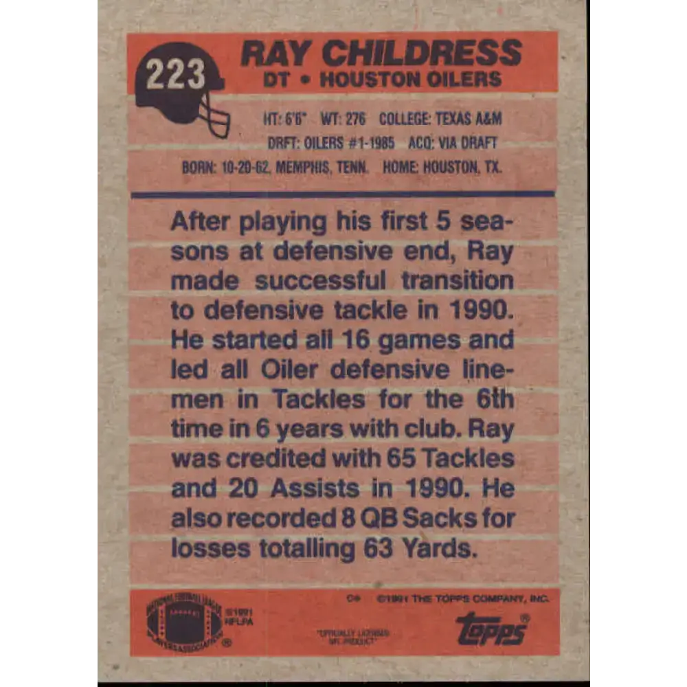 1991 Topps #223 Ray Childress NM-MT Houston Oilers Football Card - Football Card Single