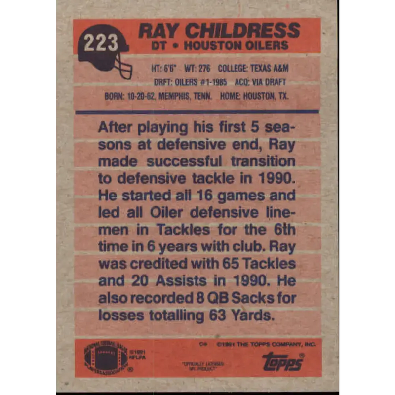 1991 Topps #223 Ray Childress NM-MT Houston Oilers Football Card - Football Card Single