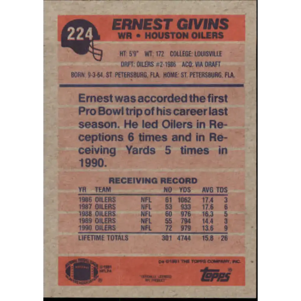 1991 Topps #224 Ernest Givins NM-MT Houston Oilers Football Card - Football Card Single