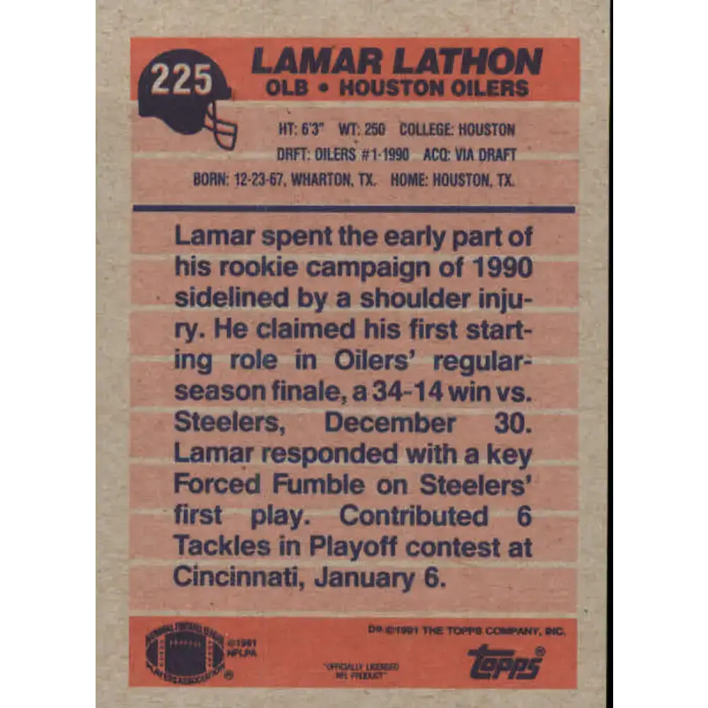1991 Topps #225 Lamar Lathon NM-MT Houston Oilers Football Card - Football Card Single