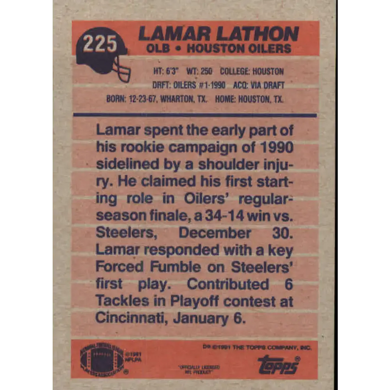1991 Topps #225 Lamar Lathon NM-MT Houston Oilers Football Card - Football Card Single
