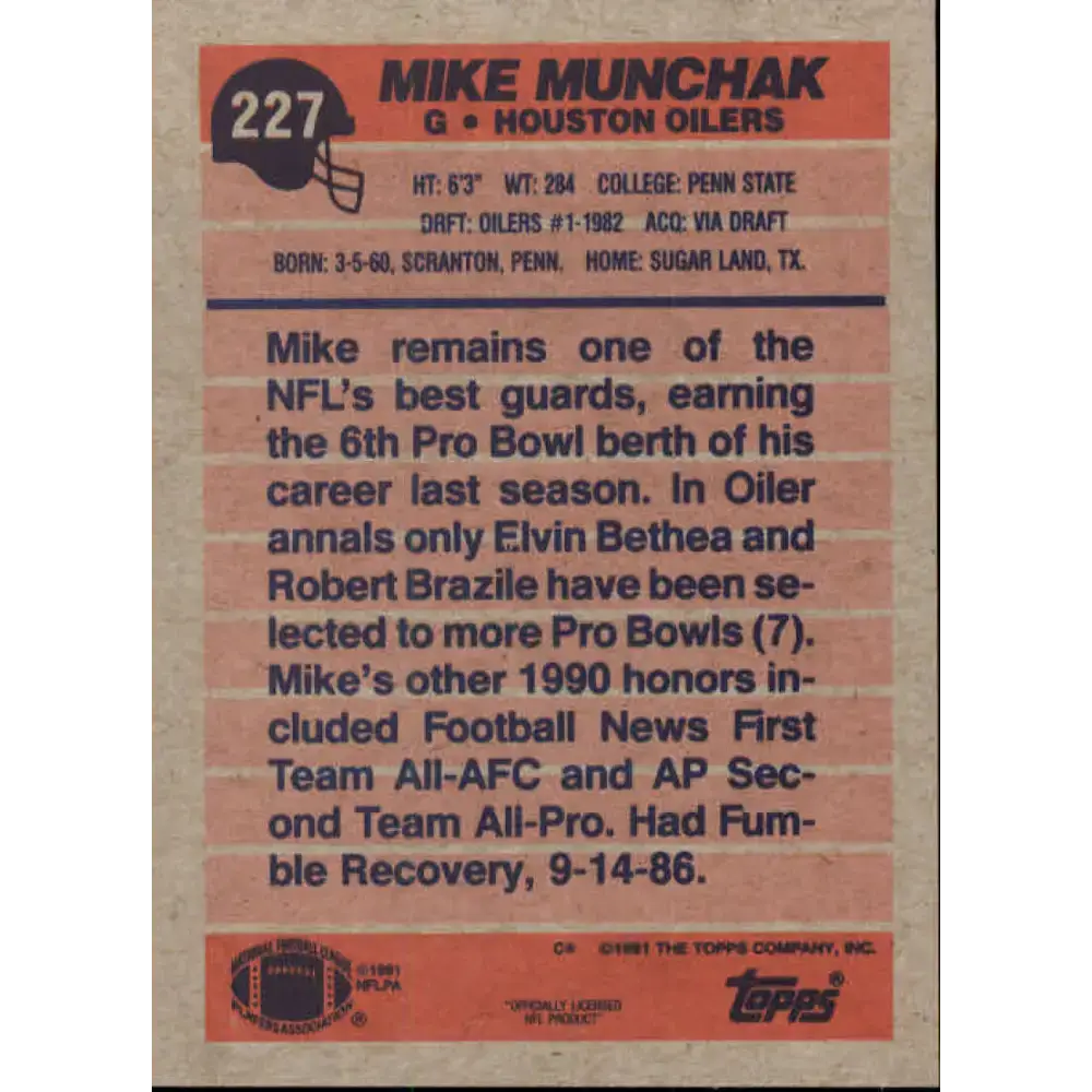 1991 Topps #227 Mike Munchak NM-MT Houston Oilers Football Card - Football Card Single