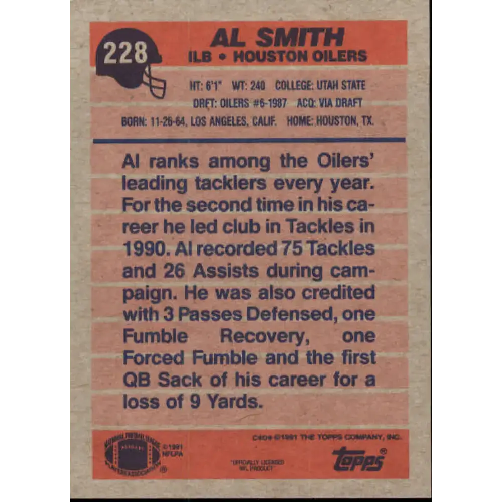 1991 Topps #228 Al Smith NM-MT Houston Oilers Football Card - Football Card Single