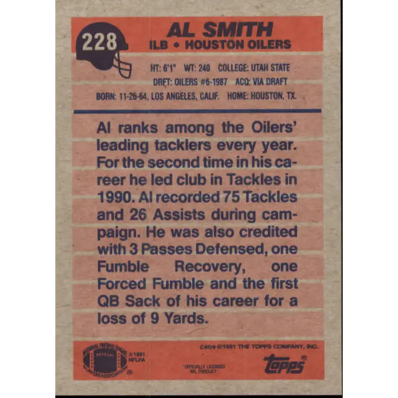 1991 Topps #228 Al Smith NM-MT Houston Oilers Football Card - Football Card Single