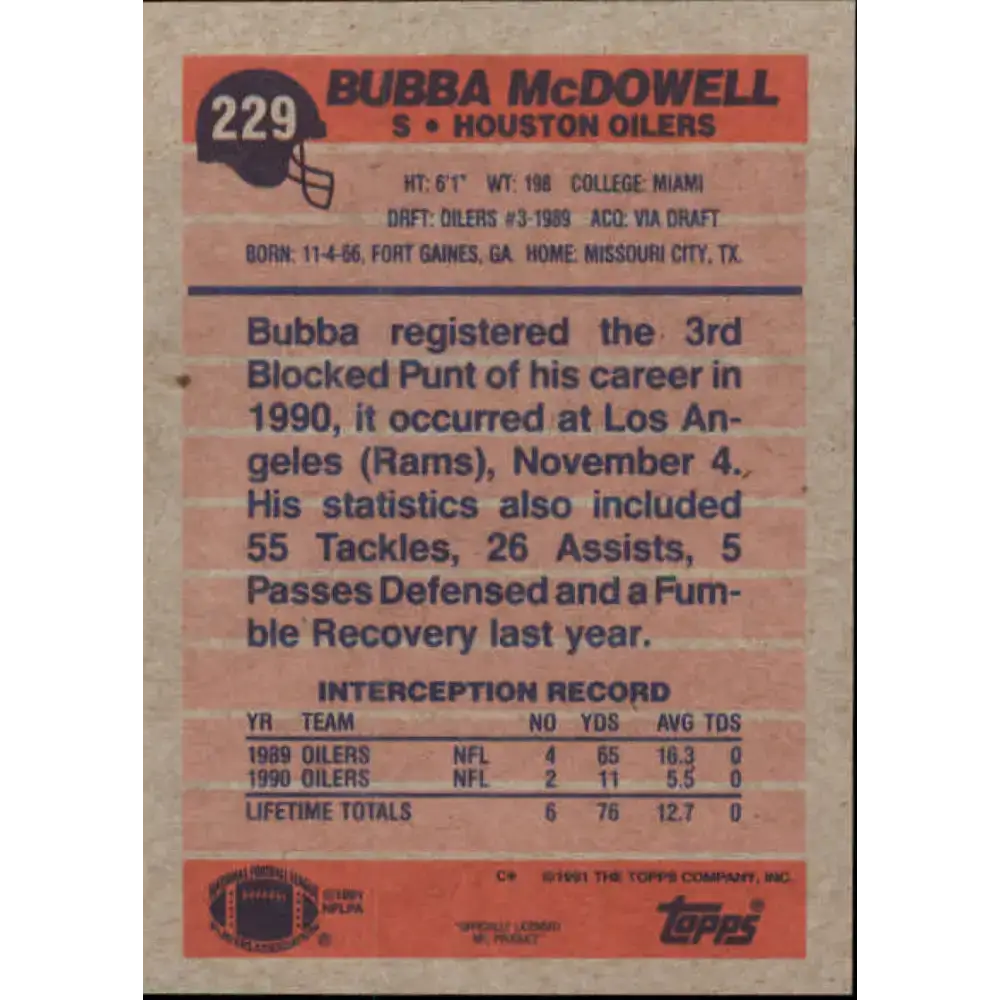 1991 Topps #229 Bubba McDowell NM-MT Houston Oilers Football Card - Football Card Single