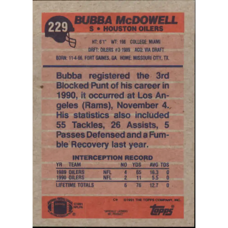 1991 Topps #229 Bubba McDowell NM-MT Houston Oilers Football Card - Football Card Single
